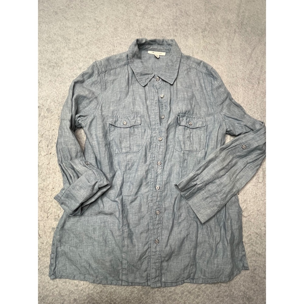 JM Collection Womens‎ 100% Linen Blue Button Down Roll Tab Shirt Size 10